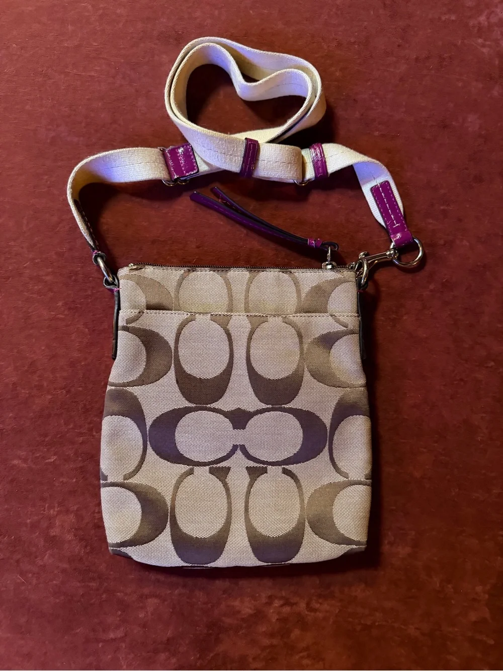 Coach Signature Canvas Monogrammed Crossbody Bag Brown Pink Guitar Strap